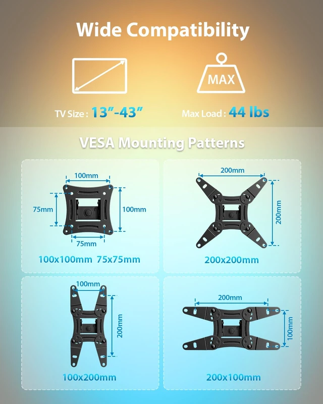 Alt view image 3 of 7 - Full Motion TV Wall Mount with LED Light for 1343 inch TVs Max VESA 200x200mm, RGB backlight with music sync for immersive viewing, extension, swivel, tilt, rotation, 44 lbs