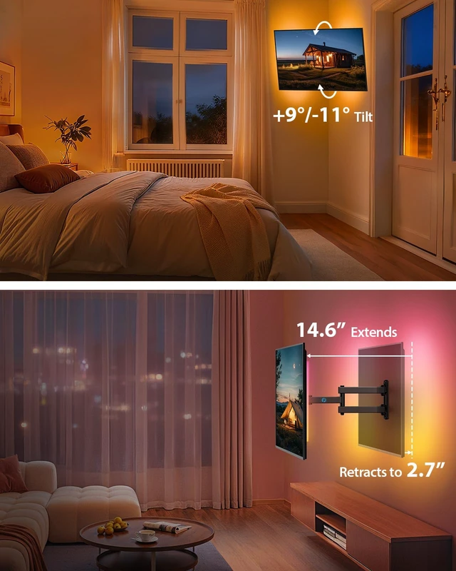 Alt view image 6 of 7 - Full Motion TV Wall Mount with LED Light for 1343 inch TVs Max VESA 200x200mm, RGB backlight with music sync for immersive viewing, extension, swivel, tilt, rotation, 44 lbs