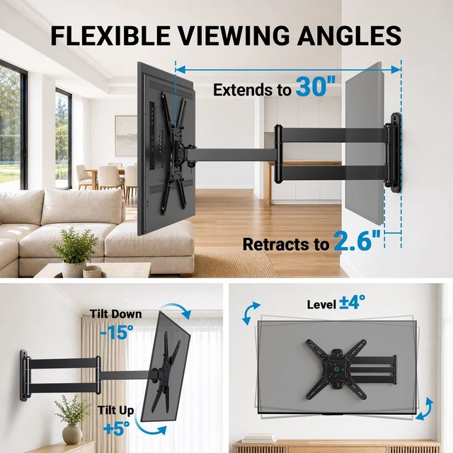 Alt view image 5 of 7 - 30" Long Arm TV Wall Mount for 3265" TVs, Max VESA 400x400mm Full Motion TV Mount with Swivel, Tilt & Solid Wall Plate, Wall Mount TV Bracket for Multi-Area Viewing, Holds to 99 lbs