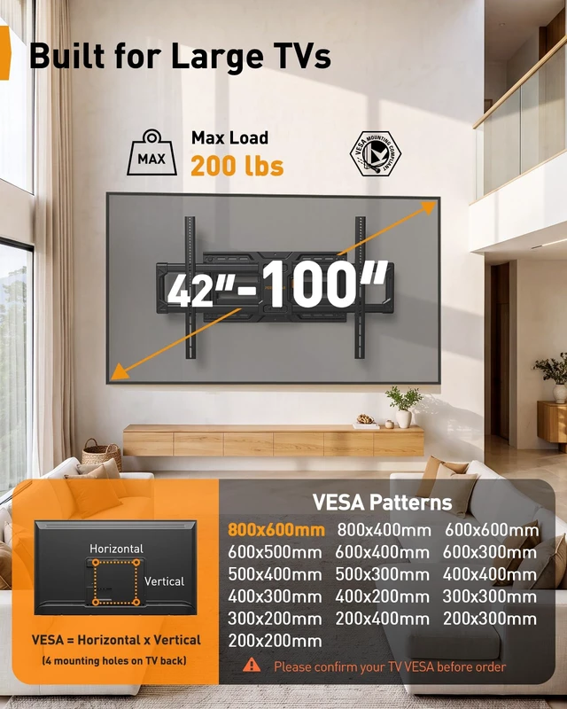 Alt view image 2 of 7 - Full Motion TV Wall Mount for 42100 Inch Large TVs up to 200 lbs Pre-assembled TV Mount,UL Listed TV bracket,Fits 16"/24" Wood Studs,Max VESA 800x600mm,Tool-freeTilt,Swivel,Extension,Level