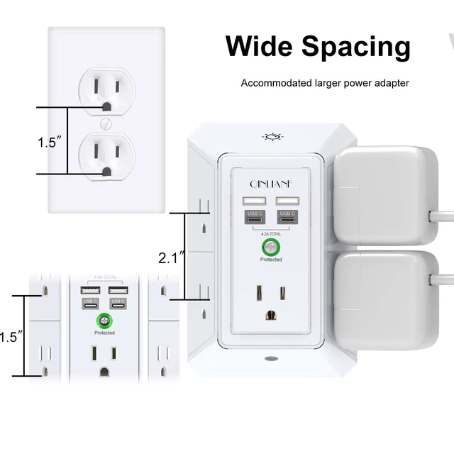 Alt view image 6 of 7 - Surge Protector, 5 Outlet Extender with 4 USB Ports(2USB-C) 1680 Joules, 3-Sided Power Strip with Night Light, Multi Plug Wall Outlet Adapter Spaced for Home Travel Office, White