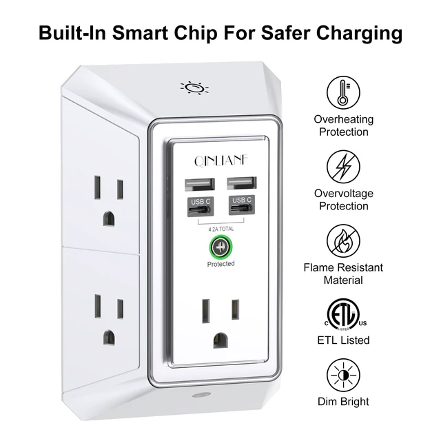 Alt view image 2 of 7 - Surge Protector, 5 Outlet Extender with 4 USB Ports(2USB-C) 1680 Joules, 3-Sided Power Strip with Night Light, Multi Plug Wall Outlet Adapter Spaced for Home Travel Office, White