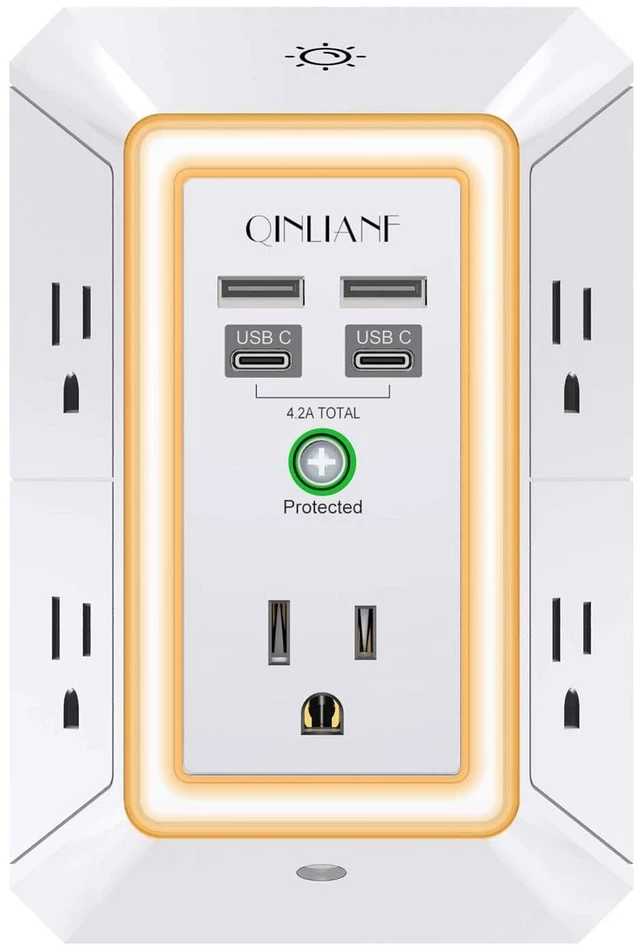 Main image of Surge Protector, 5 Outlet Extender with 4 USB Ports(2USB-C) 1680 Joules, 3-Sided Power Strip with Night Light, Multi Plug Wall Outlet Adapter Spaced for Home Travel Office, White