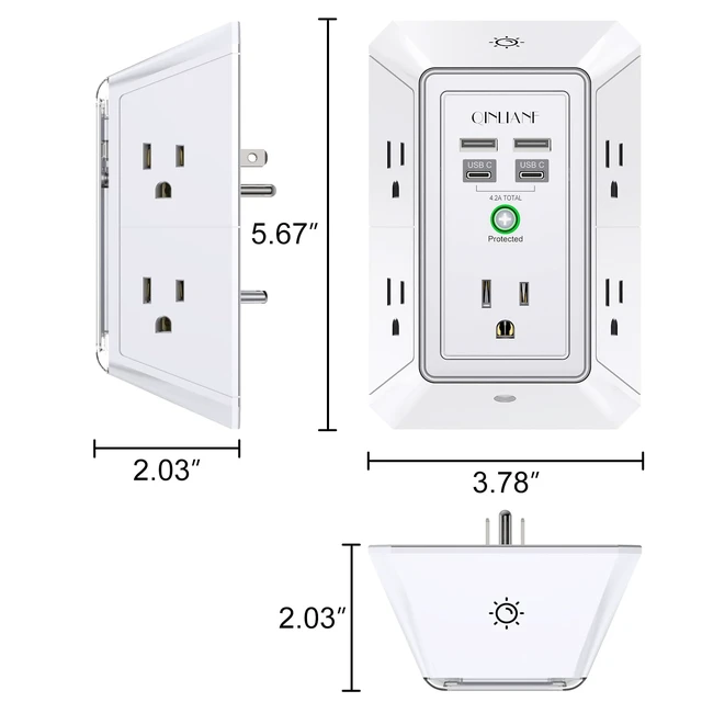 Alt view image 7 of 7 - Surge Protector, 5 Outlet Extender with 4 USB Ports(2USB-C) 1680 Joules, 3-Sided Power Strip with Night Light, Multi Plug Wall Outlet Adapter Spaced for Home Travel Office, White