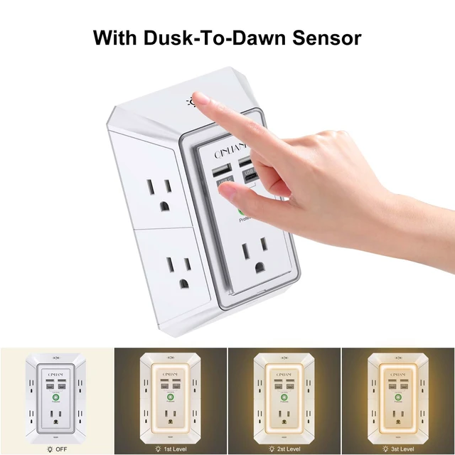 Alt view image 4 of 7 - Surge Protector, 5 Outlet Extender with 4 USB Ports(2USB-C) 1680 Joules, 3-Sided Power Strip with Night Light, Multi Plug Wall Outlet Adapter Spaced for Home Travel Office, White