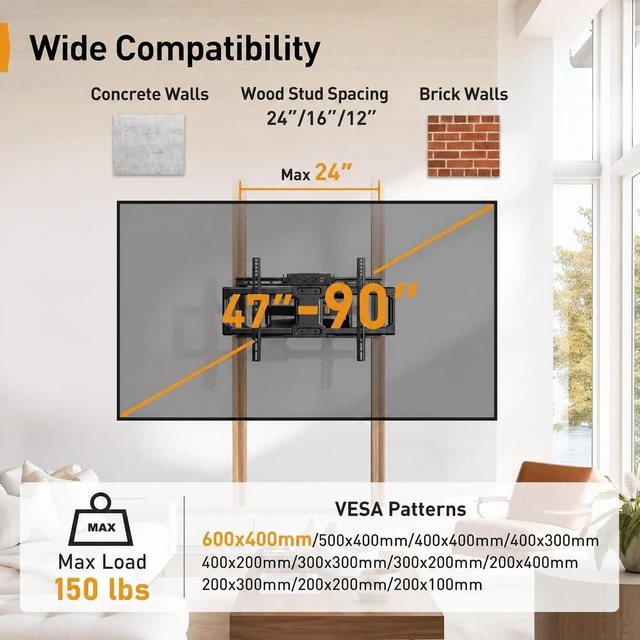 Alt view image 2 of 7 - Full Motion TV Wall Mount with Power Strip for 4790 Inch TVs TV Mount up to 150lbs, Pre-Assembled, USB charging, Smooth Swivel, Tilt, Extension, VESA 600x400mm, 12"/16"/24" Wood Studs