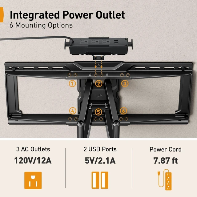 Alt view image 4 of 7 - Full Motion TV Wall Mount with Power Strip for 4790 Inch TVs TV Mount up to 150lbs, Pre-Assembled, USB charging, Smooth Swivel, Tilt, Extension, VESA 600x400mm, 12"/16"/24" Wood Studs