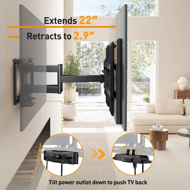 Alt view image 5 of 7 - Full Motion TV Wall Mount with Power Strip for 4790 Inch TVs TV Mount up to 150lbs, Pre-Assembled, USB charging, Smooth Swivel, Tilt, Extension, VESA 600x400mm, 12"/16"/24" Wood Studs