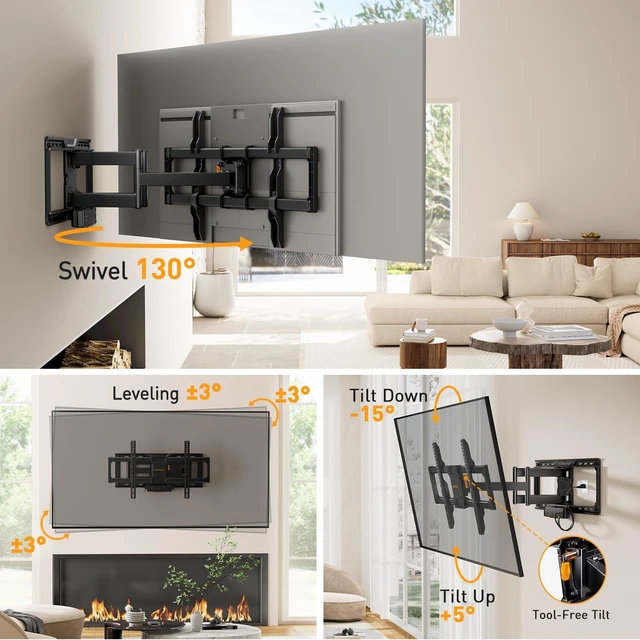 Alt view image 6 of 7 - Full Motion TV Wall Mount with Power Strip for 4790 Inch TVs TV Mount up to 150lbs, Pre-Assembled, USB charging, Smooth Swivel, Tilt, Extension, VESA 600x400mm, 12"/16"/24" Wood Studs