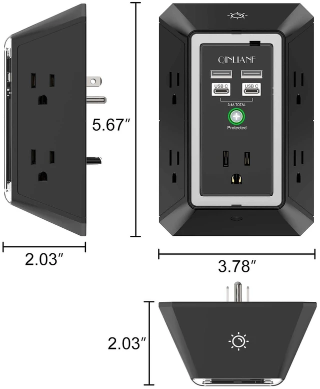 Alt view image 7 of 7 - Surge Protector, 5 Outlet Extender with 4 USB Ports(2USB-C) 1680 Joules, 3-Sided Power Strip with Night Light, Multi Plug Wall Outlet Adapter Spaced for Home Travel Office, Black