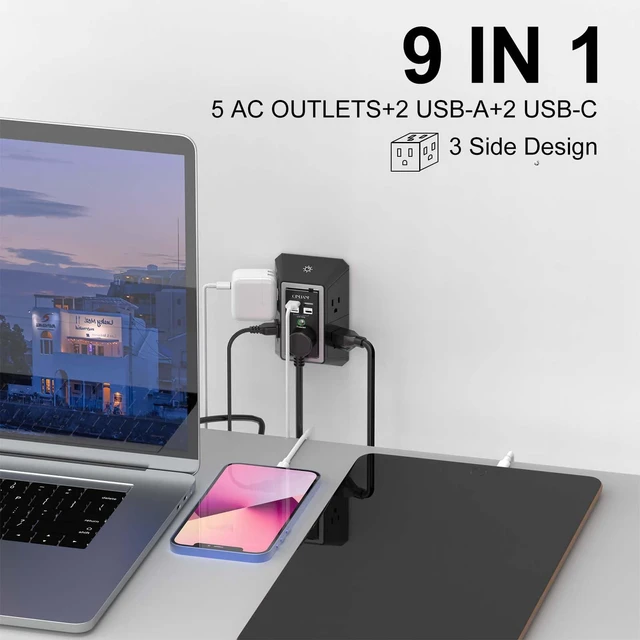 Alt view image 3 of 7 - Surge Protector, 5 Outlet Extender with 4 USB Ports(2USB-C) 1680 Joules, 3-Sided Power Strip with Night Light, Multi Plug Wall Outlet Adapter Spaced for Home Travel Office, Black
