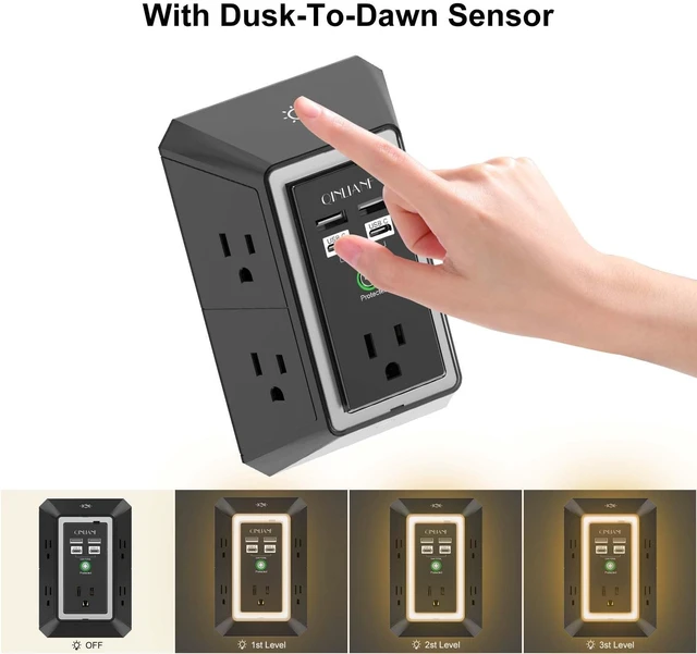 Alt view image 5 of 7 - Surge Protector, 5 Outlet Extender with 4 USB Ports(2USB-C) 1680 Joules, 3-Sided Power Strip with Night Light, Multi Plug Wall Outlet Adapter Spaced for Home Travel Office, Black