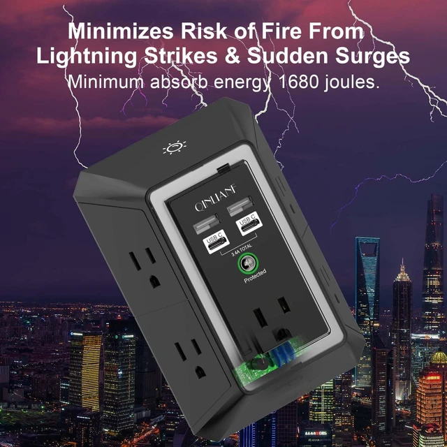 Alt view image 6 of 7 - Surge Protector, 5 Outlet Extender with 4 USB Ports(2USB-C) 1680 Joules, 3-Sided Power Strip with Night Light, Multi Plug Wall Outlet Adapter Spaced for Home Travel Office, Black