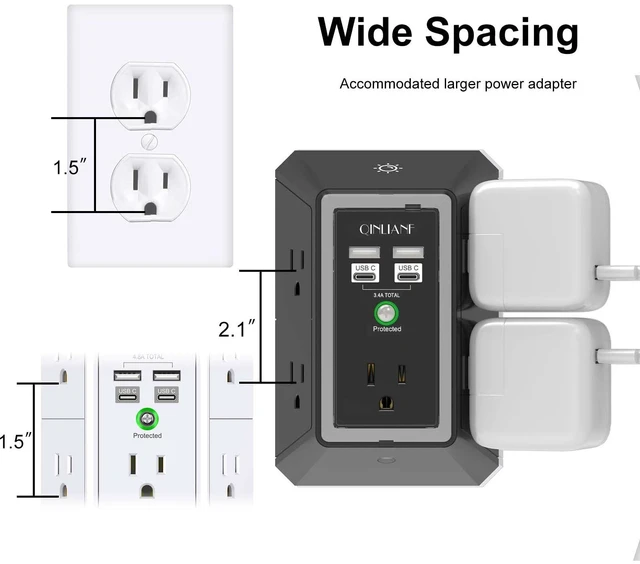 Alt view image 4 of 7 - Surge Protector, 5 Outlet Extender with 4 USB Ports(2USB-C) 1680 Joules, 3-Sided Power Strip with Night Light, Multi Plug Wall Outlet Adapter Spaced for Home Travel Office, Black