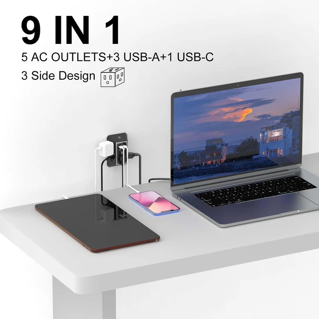 Alt view image 3 of 7 - Wall Charger, Surge Protector, 5 Outlet Extender with 4 USB Ports 1680 Joules, 3-Sided Power Strip with Night Light, Multi Plug Wall Outlet Adapter Spaced for Home Travel Office, Black