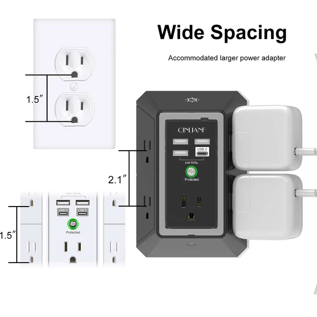 Alt view image 4 of 7 - Wall Charger, Surge Protector, 5 Outlet Extender with 4 USB Ports 1680 Joules, 3-Sided Power Strip with Night Light, Multi Plug Wall Outlet Adapter Spaced for Home Travel Office, Black