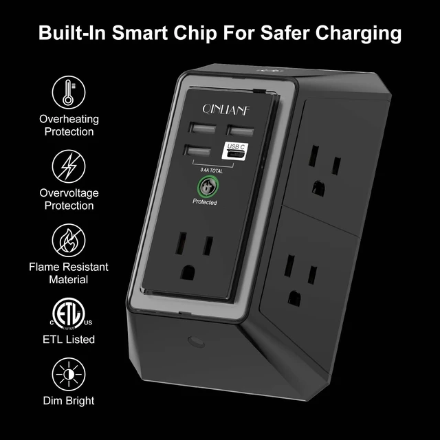 Alt view image 2 of 7 - Wall Charger, Surge Protector, 5 Outlet Extender with 4 USB Ports 1680 Joules, 3-Sided Power Strip with Night Light, Multi Plug Wall Outlet Adapter Spaced for Home Travel Office, Black