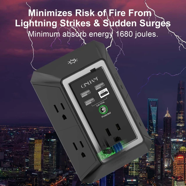 Alt view image 6 of 7 - Wall Charger, Surge Protector, 5 Outlet Extender with 4 USB Ports 1680 Joules, 3-Sided Power Strip with Night Light, Multi Plug Wall Outlet Adapter Spaced for Home Travel Office, Black