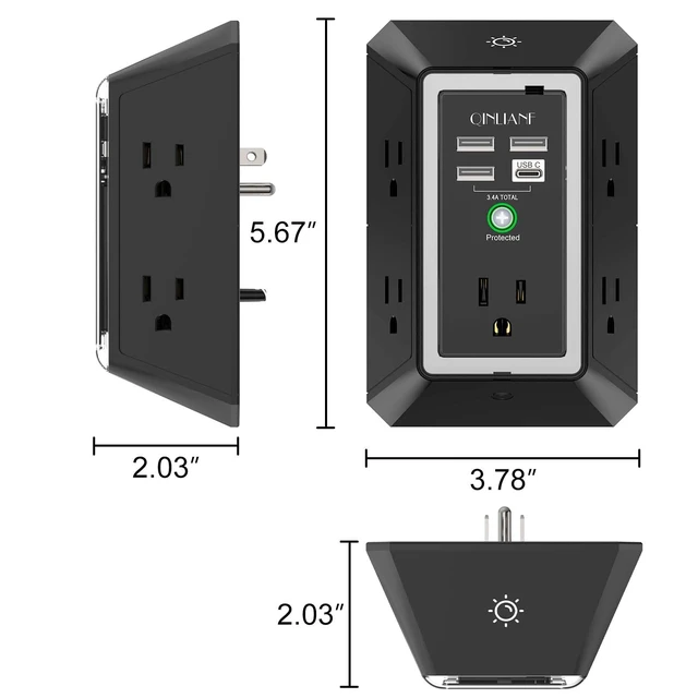 Alt view image 7 of 7 - Wall Charger, Surge Protector, 5 Outlet Extender with 4 USB Ports 1680 Joules, 3-Sided Power Strip with Night Light, Multi Plug Wall Outlet Adapter Spaced for Home Travel Office, Black