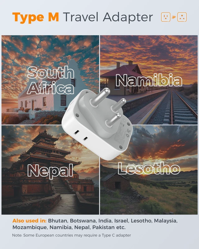 Alt view image 2 of 6 - Type M Adapter for South Africa, PD 20W 2 Pack 4 AC Outlets, 3 USB Ports (1 USB C), US to South Africa Botswana Namibia Nepal Bhutan