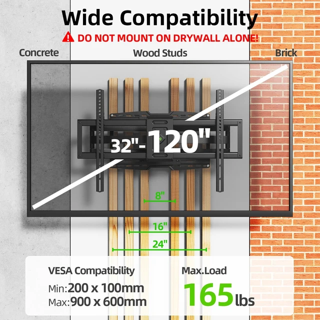 Alt view image 5 of 7 - 8" Sliding Design/Heavy Duty Full Motion TV Wall Mount for 32-120" TVs, Ultra-Large Dual Arm Mount for 16/18/24" Studs with Swivel,Tilt&Level/Preassembled, Max VESA 900x600 up to 165lbs