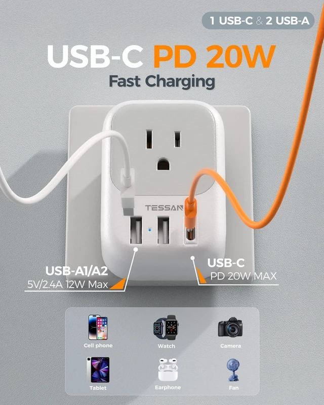 Alt view image 4 of 6 - Type M Adapter for South Africa, PD 20W 2 Pack 4 AC Outlets, 3 USB Ports (1 USB C), US to South Africa Botswana Namibia Nepal Bhutan