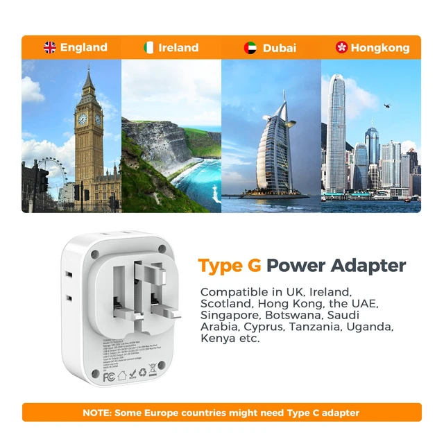 Alt view image 3 of 6 - UK Adapters for Travel, US to UK Ireland Plug Adapter 20W, Foldable Power Adaptor, 4 Outlets 3 USB(PD 20W 1 USB C), Type G for USA to Scotland London England Hongkong Dubai Irish