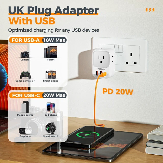 Alt view image 5 of 6 - UK Adapters for Travel, US to UK Ireland Plug Adapter 20W, Foldable Power Adaptor, 4 Outlets 3 USB(PD 20W 1 USB C), Type G for USA to Scotland London England Hongkong Dubai Irish