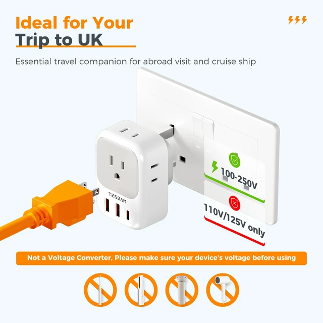 Alt view image 6 of 6 - UK Adapters for Travel, US to UK Ireland Plug Adapter 20W, Foldable Power Adaptor, 4 Outlets 3 USB(PD 20W 1 USB C), Type G for USA to Scotland London England Hongkong Dubai Irish