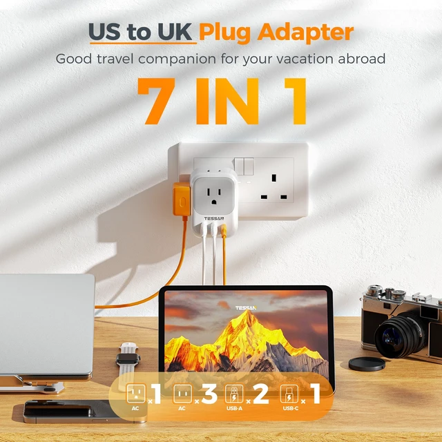 Alt view image 4 of 6 - UK Adapters for Travel, US to UK Ireland Plug Adapter 20W, Foldable Power Adaptor, 4 Outlets 3 USB(PD 20W 1 USB C), Type G for USA to Scotland London England Hongkong Dubai Irish