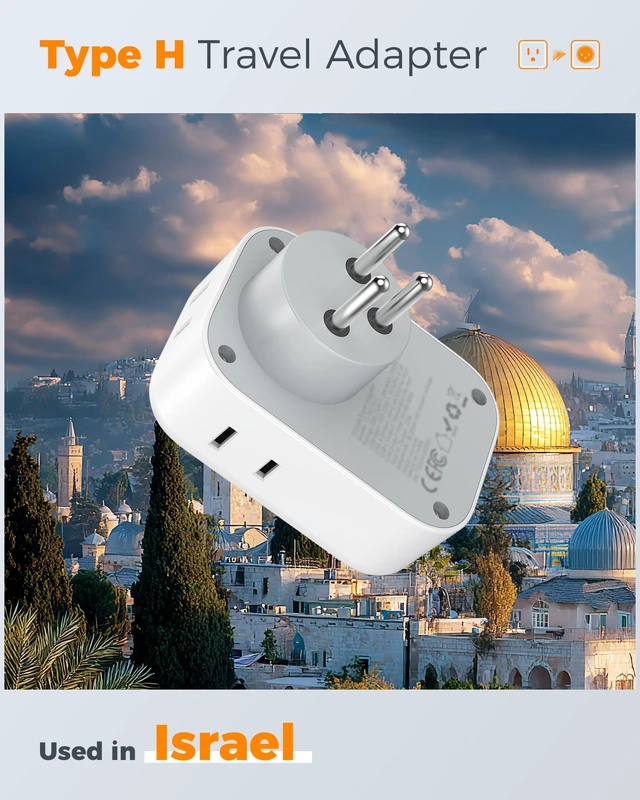 Alt view image 2 of 7 - Israel Adapter Plug, 2 Pack, Type H Travel Adaptor US to Israel Power Adapter, 3 USB Ports (1 USB C Port), 4 American Outlets, Type H Travel Adaptor for USA to Jerusalem