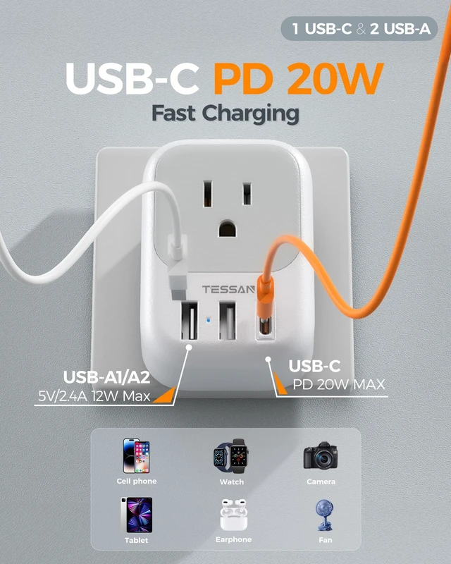 Alt view image 4 of 7 - Israel Adapter Plug, 2 Pack, Type H Travel Adaptor US to Israel Power Adapter, 3 USB Ports (1 USB C Port), 4 American Outlets, Type H Travel Adaptor for USA to Jerusalem