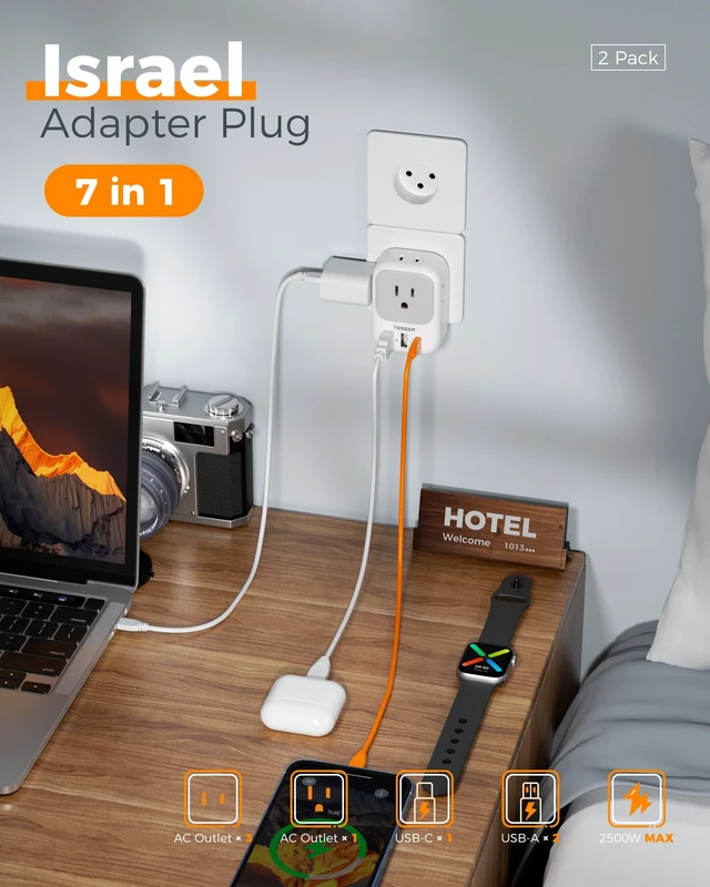 Alt view image 3 of 7 - Israel Adapter Plug, 2 Pack, Type H Travel Adaptor US to Israel Power Adapter, 3 USB Ports (1 USB C Port), 4 American Outlets, Type H Travel Adaptor for USA to Jerusalem