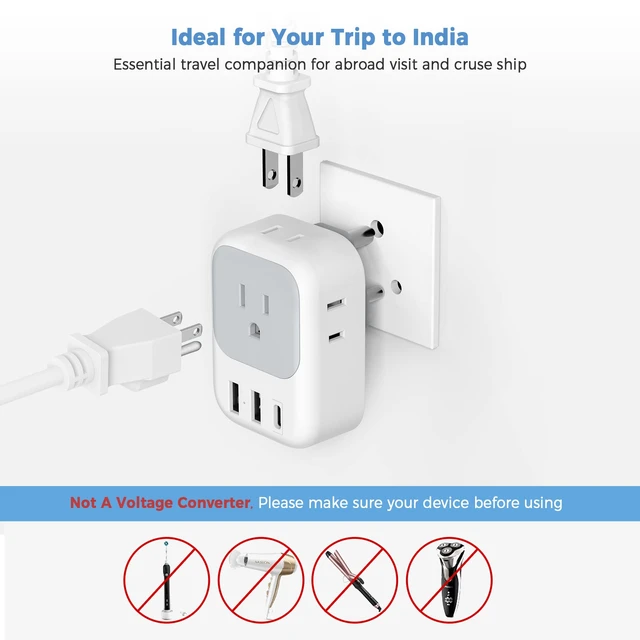 Alt view image 6 of 6 - US to India Plug Adapter, Type D Travel Adaptor 4 American Outlets,3 USB Charger(1 USBC), for Bangladesh, Maldives, Nepal, Pakistan