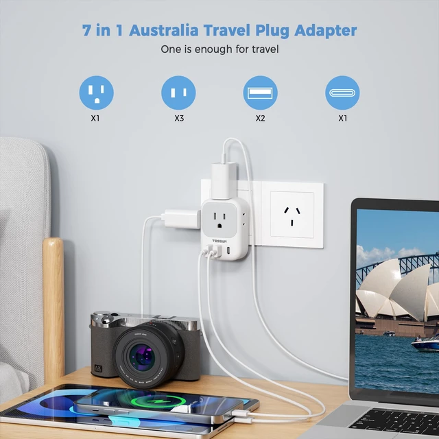 Alt view image 3 of 5 - Australia Plug Adapter, New Zealand Power Adaptor, 2 Pack 4 Outlets 3 USB Ports (1 USB C PD 20W), Type I Travel Plug to China Argentina Fiji