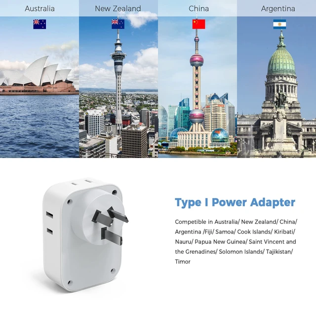 Alt view image 4 of 5 - Australia Plug Adapter, New Zealand Power Adaptor, 2 Pack 4 Outlets 3 USB Ports (1 USB C PD 20W), Type I Travel Plug to China Argentina Fiji