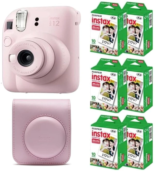 Main image of Instax Mini 12 Instant Film Camera (Blossom Pink w/Case + Extra Film, Compact)