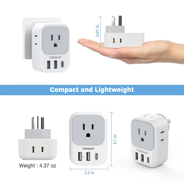 Alt view image 5 of 5 - Australia Plug Adapter, New Zealand Power Adaptor, 2 Pack 4 Outlets 3 USB Ports (1 USB C PD 20W), Type I Travel Plug to China Argentina Fiji