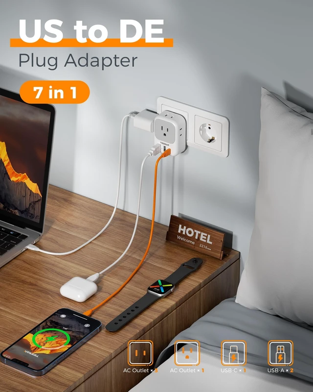 Alt view image 3 of 7 - 2 Pack Type E F Plug Adapter, Schuko Plug 3 USB Charger (1 USB C PD 20W), 4 Outlets, Germany France Power Travel Adaptor