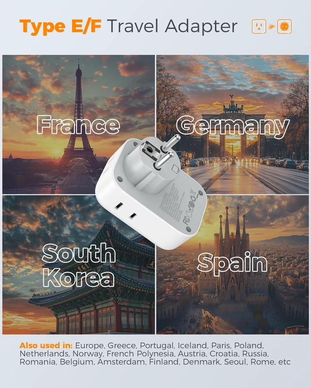 Alt view image 2 of 7 - 2 Pack Type E F Plug Adapter, Schuko Plug 3 USB Charger (1 USB C PD 20W), 4 Outlets, Germany France Power Travel Adaptor