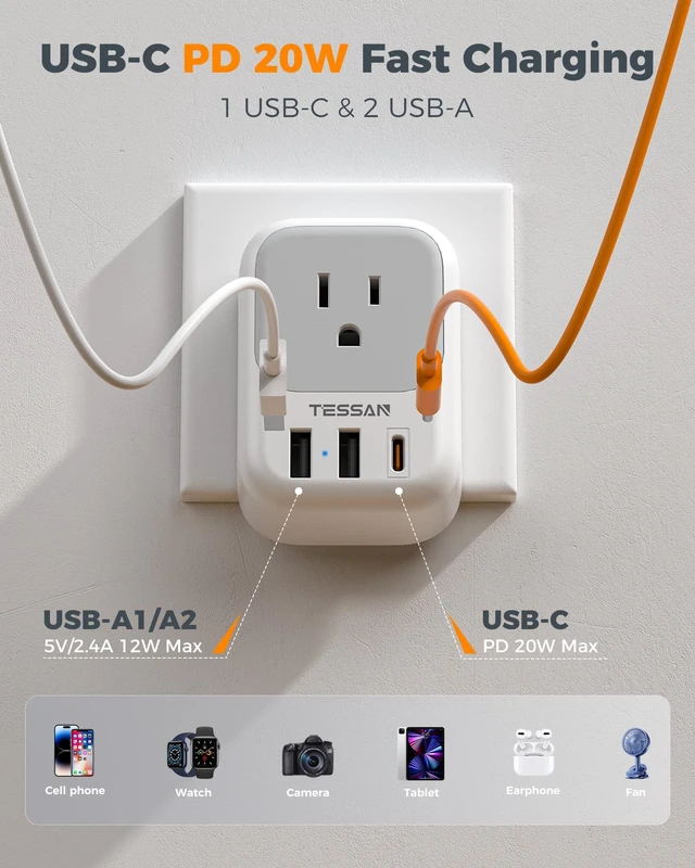 Alt view image 4 of 7 - 2 Pack Type E F Plug Adapter, Schuko Plug 3 USB Charger (1 USB C PD 20W), 4 Outlets, Germany France Power Travel Adaptor