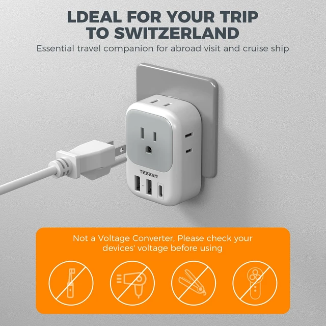 Alt view image 6 of 6 - Switzerland Travel Plug Adapter, Type J Plug, 2 Pack 4 Outlets, 3 USB Charging Ports (1 USB C), US to Switzerland, Liechtenstein, Rwanda
