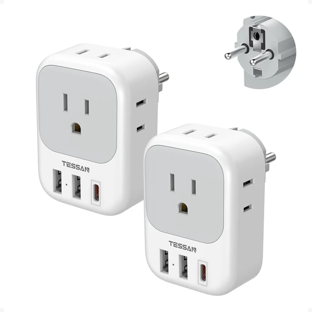 Main image of 2 Pack Type E F Plug Adapter, Schuko Plug 3 USB Charger (1 USB C PD 20W), 4 Outlets, Germany France Power Travel Adaptor