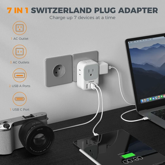 Alt view image 3 of 6 - Switzerland Travel Plug Adapter, Type J Plug, 2 Pack 4 Outlets, 3 USB Charging Ports (1 USB C), US to Switzerland, Liechtenstein, Rwanda