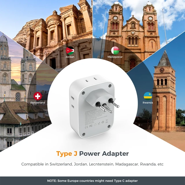 Alt view image 2 of 6 - Switzerland Travel Plug Adapter, Type J Plug, 2 Pack 4 Outlets, 3 USB Charging Ports (1 USB C), US to Switzerland, Liechtenstein, Rwanda