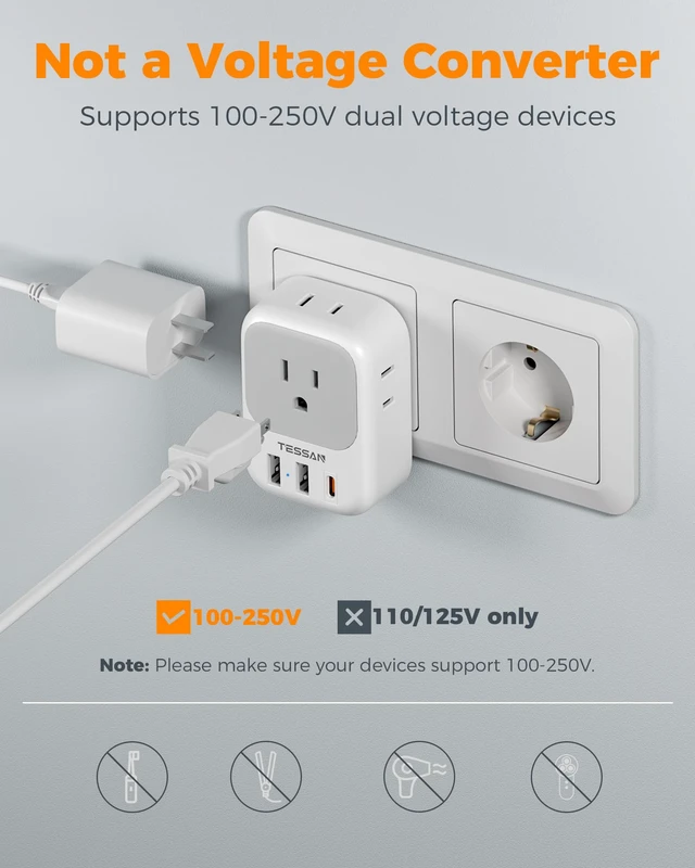 Alt view image 6 of 7 - 2 Pack Type E F Plug Adapter, Schuko Plug 3 USB Charger (1 USB C PD 20W), 4 Outlets, Germany France Power Travel Adaptor