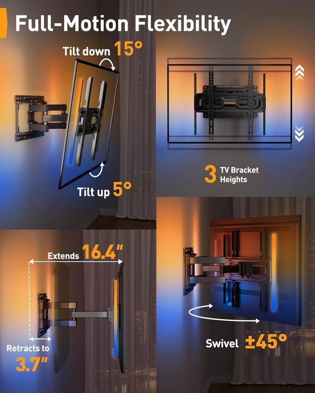 Alt view image 6 of 7 - Full Motion TV Wall Mount with LED Light for 2665 inch TVs Max VESA 400x400mm, RGB backlight with music sync for immersive viewing, extension, swivel, tilt and leveling, up to 99 lbs