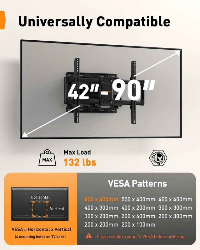 Alt view image 2 of 7 - UL Listed Full Motion TV Wall Mount for 42-90" TVs up to 132lbs Heavy Duty TV Mount with Dual Articulating Arms, Tool-Free Smooth Tilt, Swivel, Fits 16" Studs, Max VESA 600x400mm, PGLF8
