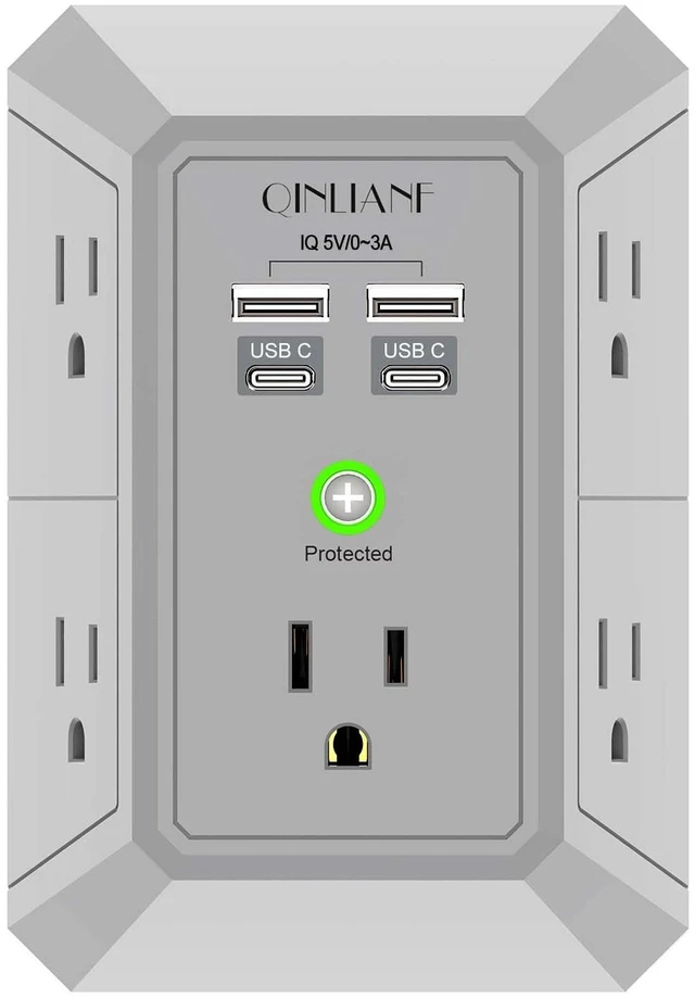 Main image of Surge Protector, 5 Outlet Extender with 4 USB Ports(2USB-C) 1680 Joules, 3-Sided Power Strip, Multi Plug Wall Outlet Adapter Spaced for Home Travel, Grey