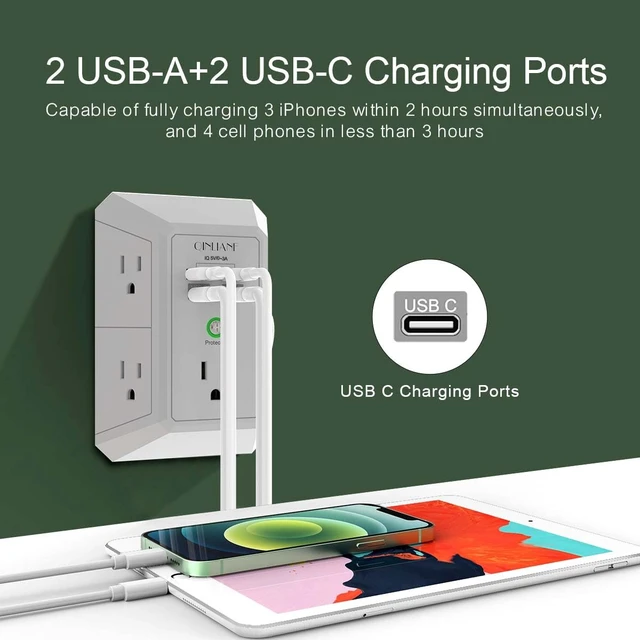 Alt view image 3 of 7 - Surge Protector, 5 Outlet Extender with 4 USB Ports(2USB-C) 1680 Joules, 3-Sided Power Strip, Multi Plug Wall Outlet Adapter Spaced for Home Travel, Grey